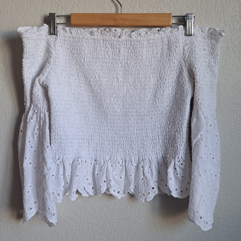Express White Off The Shoulder Eyelet Boho Flare Sleeve Smocked Top Size Large